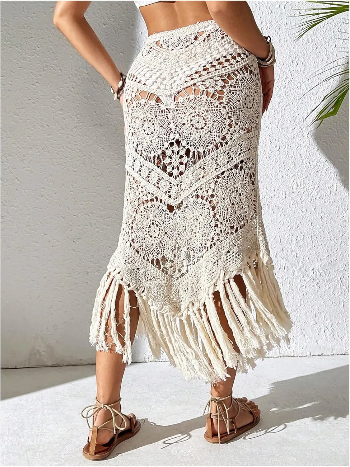 GORGLITTER Women's Crochet Beach Skirt Hollow Out Fringe High Waisted Bathing Suit Cover Up