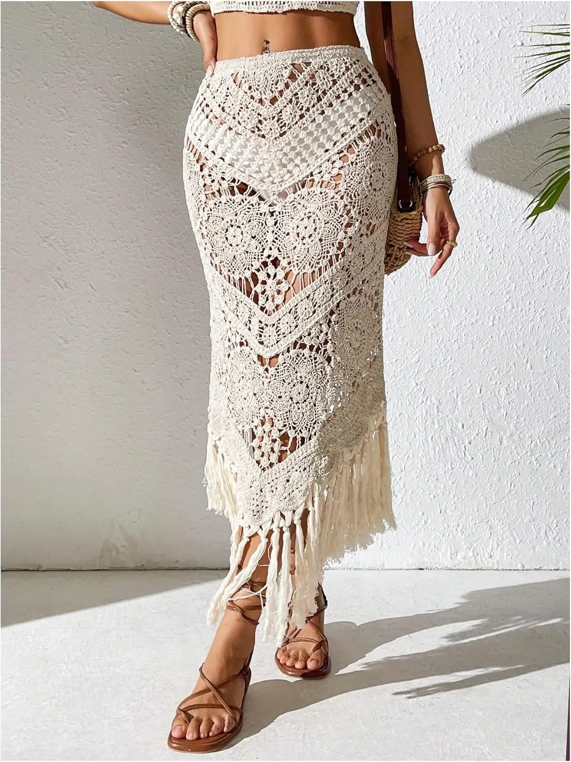 GORGLITTER Women's Crochet Beach Skirt Hollow Out Fringe High Waisted Bathing Suit Cover Up