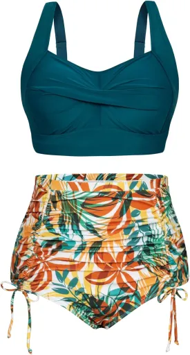 Hanna Nikole Women Plus Size Two Piece Swimsuit Sets Twist Front Bikini Bathing Suit with Drawstring Ruched Bottom
