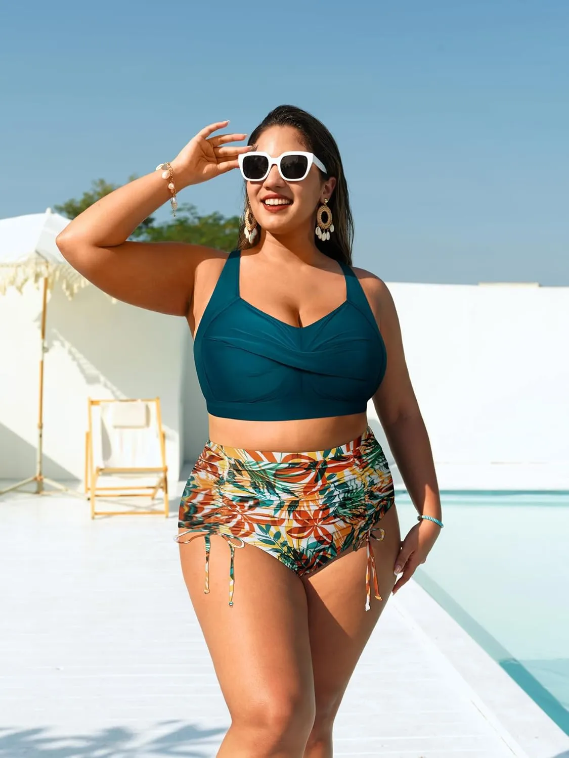 Hanna Nikole Women Plus Size Two Piece Swimsuit Sets Twist Front Bikini Bathing Suit with Drawstring Ruched Bottom