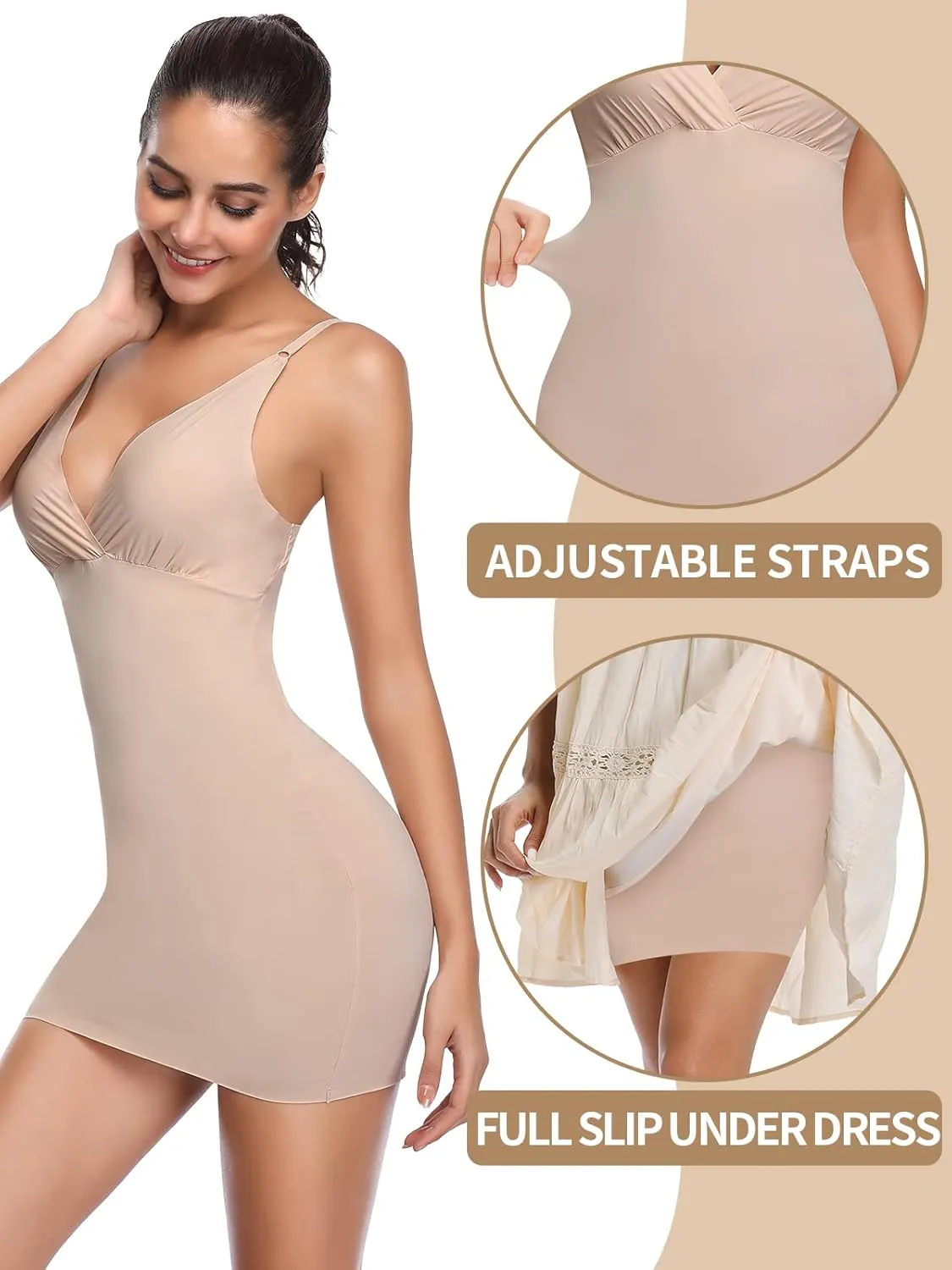 JOYSHAPER Women's Full Slips for Under Dresses Spaghetti Strap Dress Slip V-Neck Cami Dress Nightwear Slip 3-Way