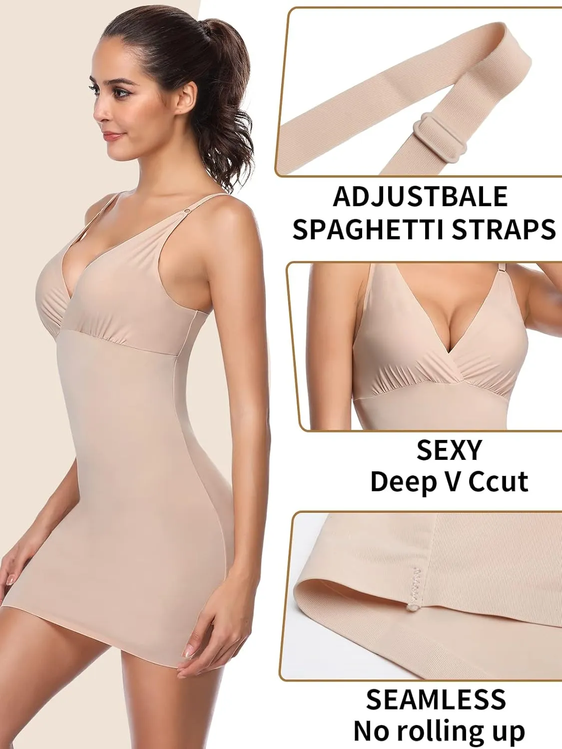 JOYSHAPER Women's Full Slips for Under Dresses Spaghetti Strap Dress Slip V-Neck Cami Dress Nightwear Slip 3-Way