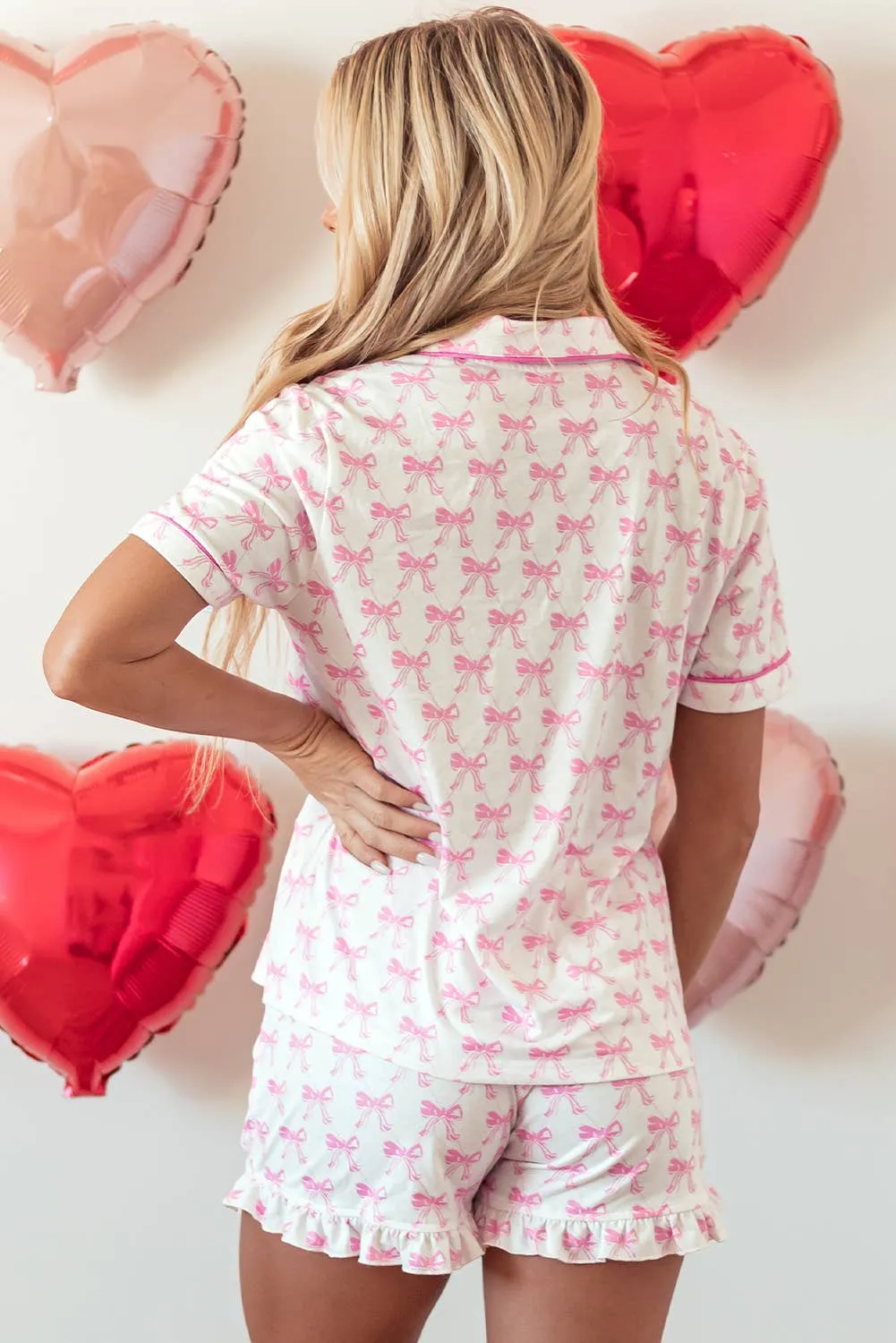 LDC Bowknot  Short Sleeve and Ruffled Shorts Pajama Set