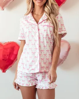 LDC Bowknot  Short Sleeve and Ruffled Shorts Pajama Set