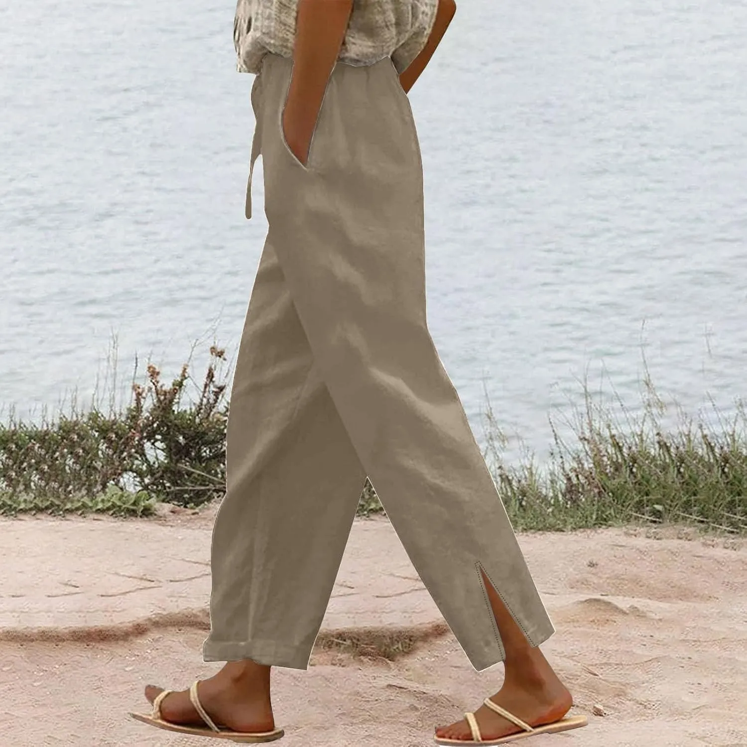 Liene Pants for Women,Wwomens Casual Summer 2025 Drawstring Elastic High Waist Pant Comfy Solid Color Trouser
