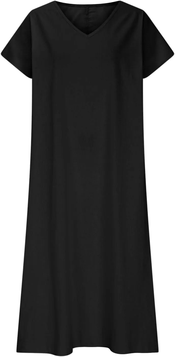 Linen Dresses for Women 2025 V Neck Short Sleeve Summer Dress Casual Loose Flowy Swing Shift Split Dress with Pockets