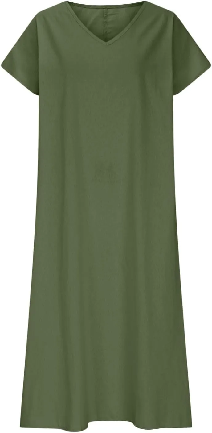 Linen Dresses for Women 2025 V Neck Short Sleeve Summer Dress Casual Loose Flowy Swing Shift Split Dress with Pockets