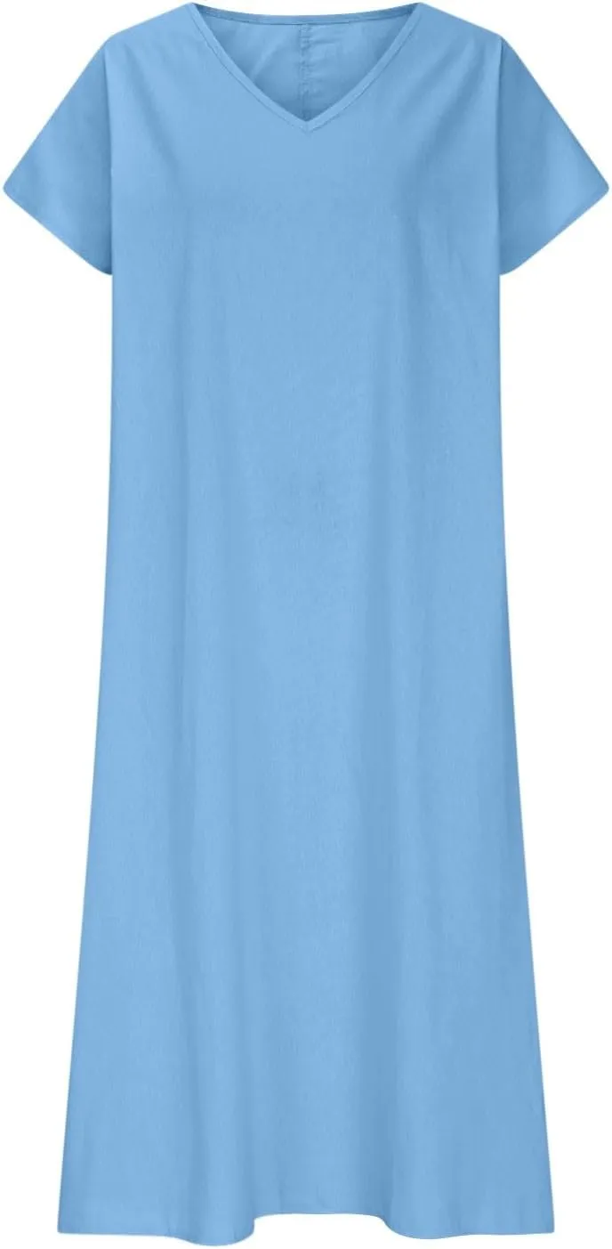 Linen Dresses for Women 2025 V Neck Short Sleeve Summer Dress Casual Loose Flowy Swing Shift Split Dress with Pockets