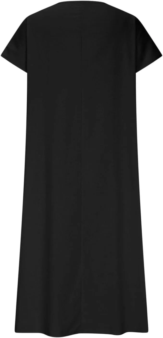 Linen Dresses for Women 2025 V Neck Short Sleeve Summer Dress Casual Loose Flowy Swing Shift Split Dress with Pockets