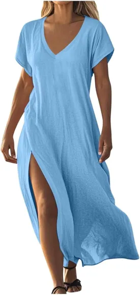 Linen Dresses for Women 2025 V Neck Short Sleeve Summer Dress Casual Loose Flowy Swing Shift Split Dress with Pockets