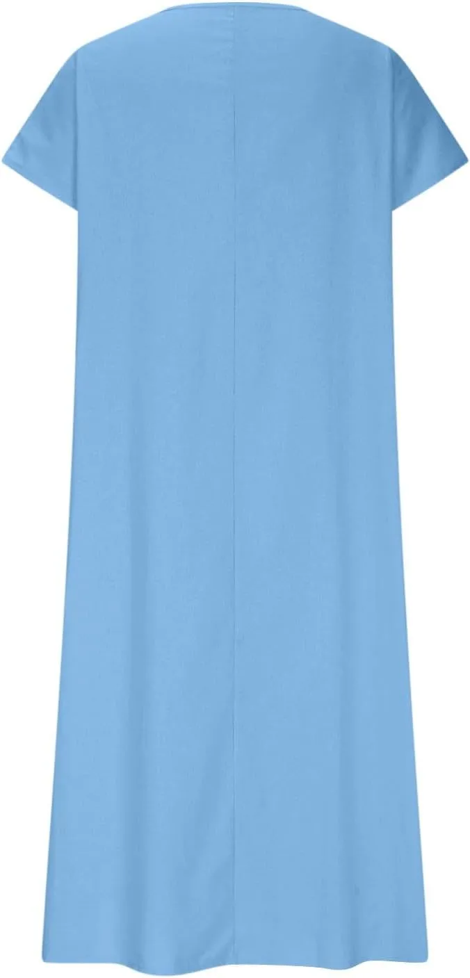 Linen Dresses for Women 2025 V Neck Short Sleeve Summer Dress Casual Loose Flowy Swing Shift Split Dress with Pockets