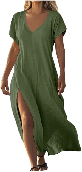 Linen Dresses for Women 2025 V Neck Short Sleeve Summer Dress Casual Loose Flowy Swing Shift Split Dress with Pockets