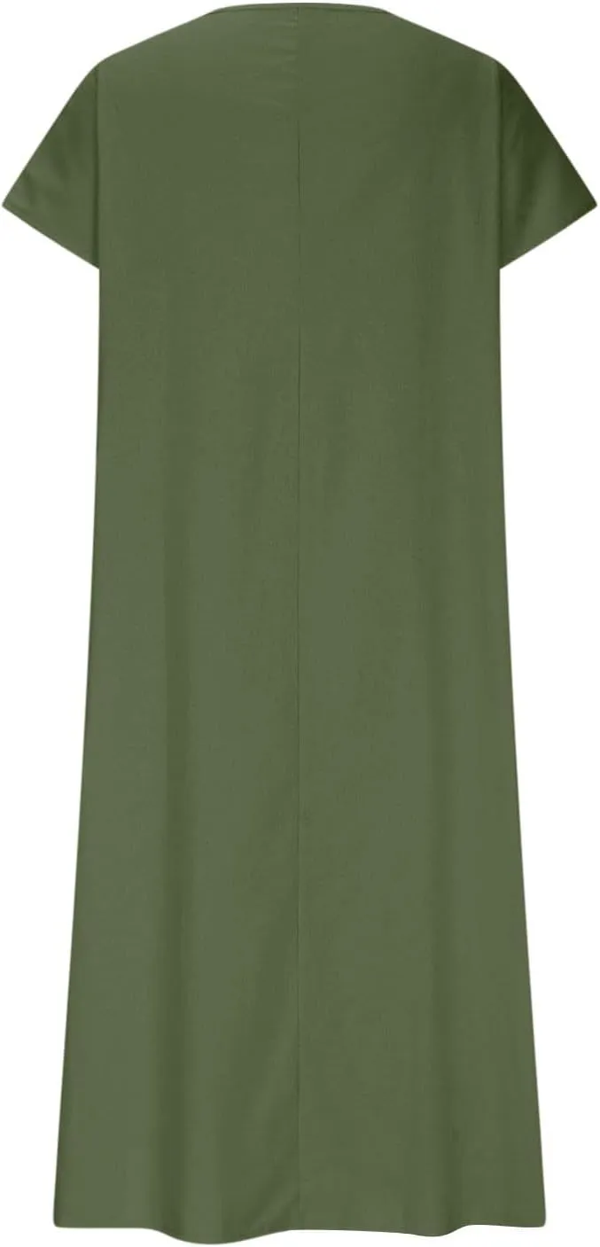 Linen Dresses for Women 2025 V Neck Short Sleeve Summer Dress Casual Loose Flowy Swing Shift Split Dress with Pockets