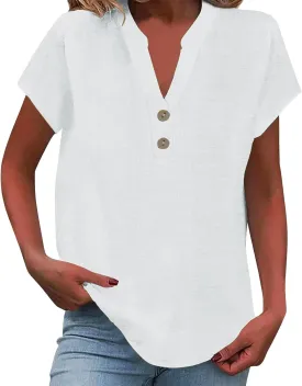 Linen Shirt for Women 2025 Short Sleeve Button Down V Neck Vacation Boho Tops Lightweight Loose Summer Tunic Blouses