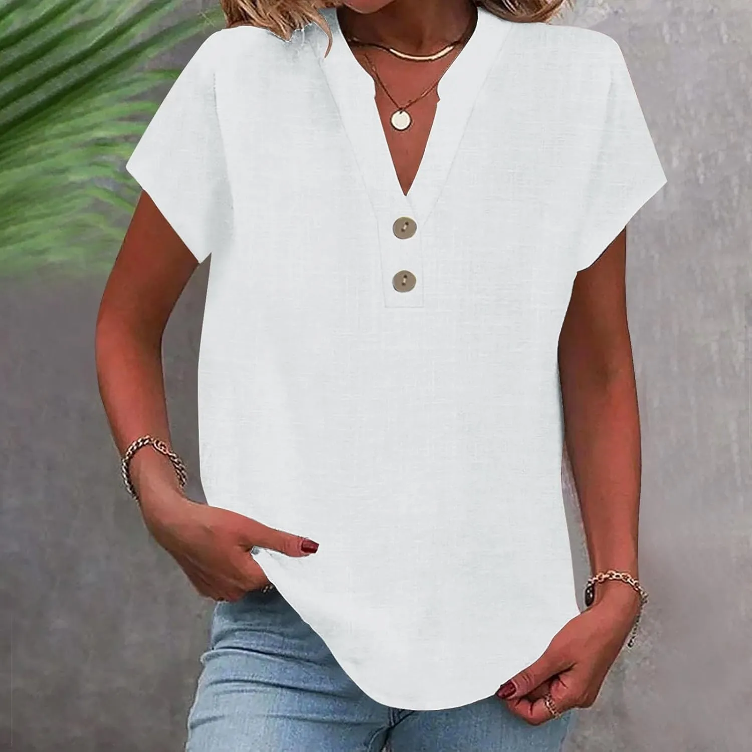 Linen Shirt for Women 2025 Short Sleeve Button Down V Neck Vacation Boho Tops Lightweight Loose Summer Tunic Blouses