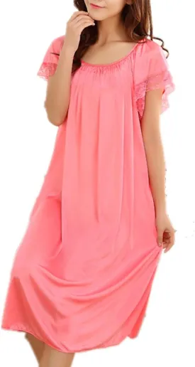 LJYH Women's Solid Short Sleeve Silky Long Nightgown Sleepwear Dress
