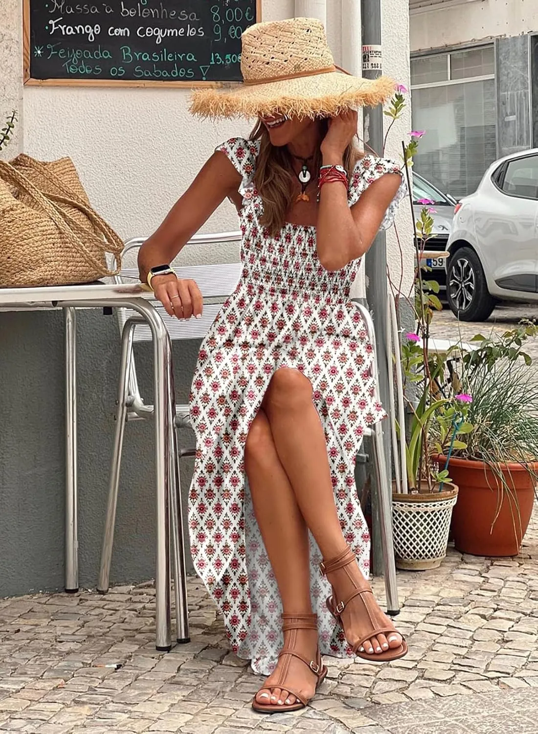 LOLONG Maxi Dress for Women Summer Boho Spaghetti Strap Square Neck Ruffle Beach Sun Dress