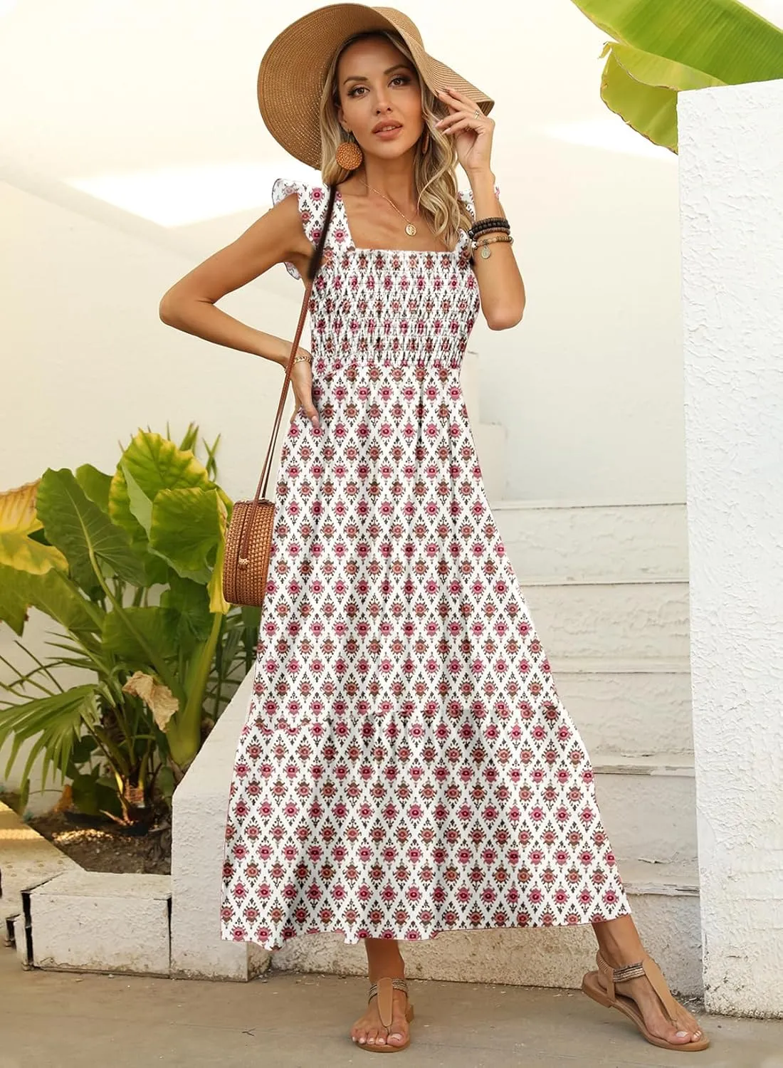 LOLONG Maxi Dress for Women Summer Boho Spaghetti Strap Square Neck Ruffle Beach Sun Dress