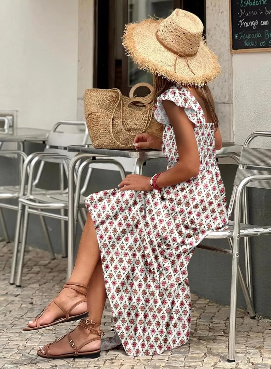 LOLONG Maxi Dress for Women Summer Boho Spaghetti Strap Square Neck Ruffle Beach Sun Dress