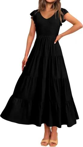 MASCOMODA Women Summer Floral Maxi Dresses 2025 Smocked V Neck Cap Short Sleeve Ruffle Boho Beach Wedding Flowy Long Sundress