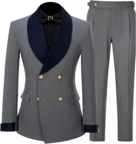 Mens Tuxedo Suits Slim Fit Double Breasted Wedding Suit for Men 2 Piece Navy Shawl Lapel Men's Formal Jacket Pants Set