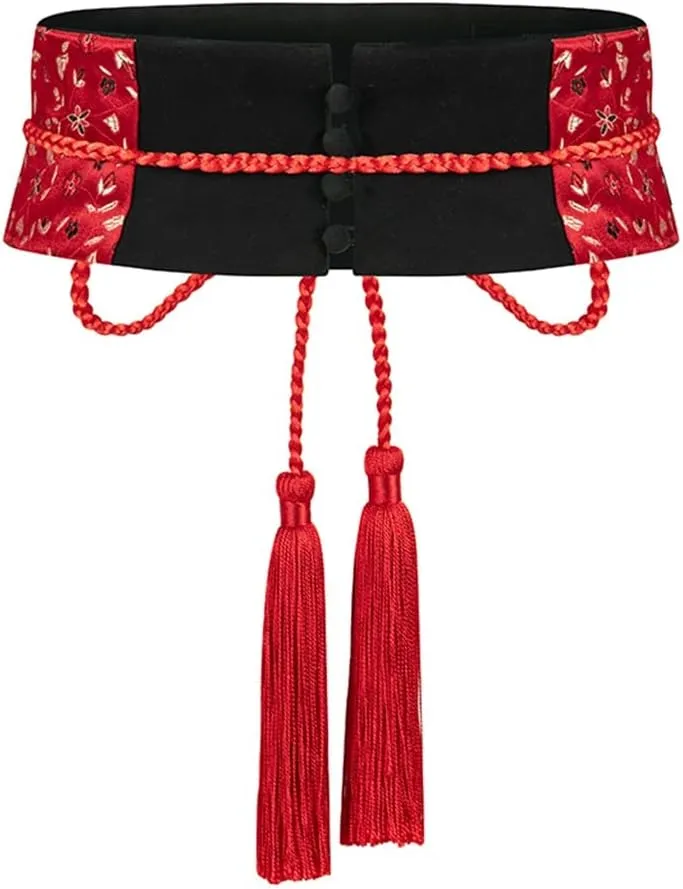National Red Waistband Wide Waist Silk Ladies Dress Laces Decorative Braided Accessories Elegant Waist Belt