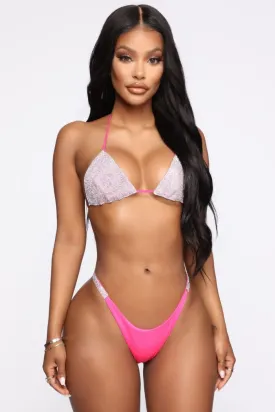 Neon Pink Rhinestone High Leg And Triangle Bikini Set