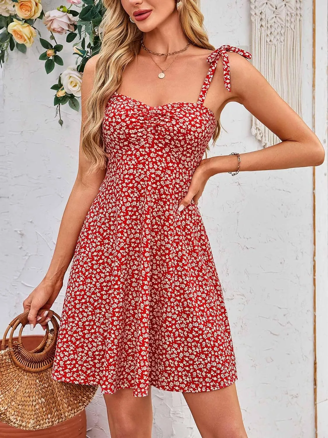 OURIN Women's Spring Sweetheart Neckline Tie Strap Summer Sundresses Sleeveless Mini Dress with Pockets