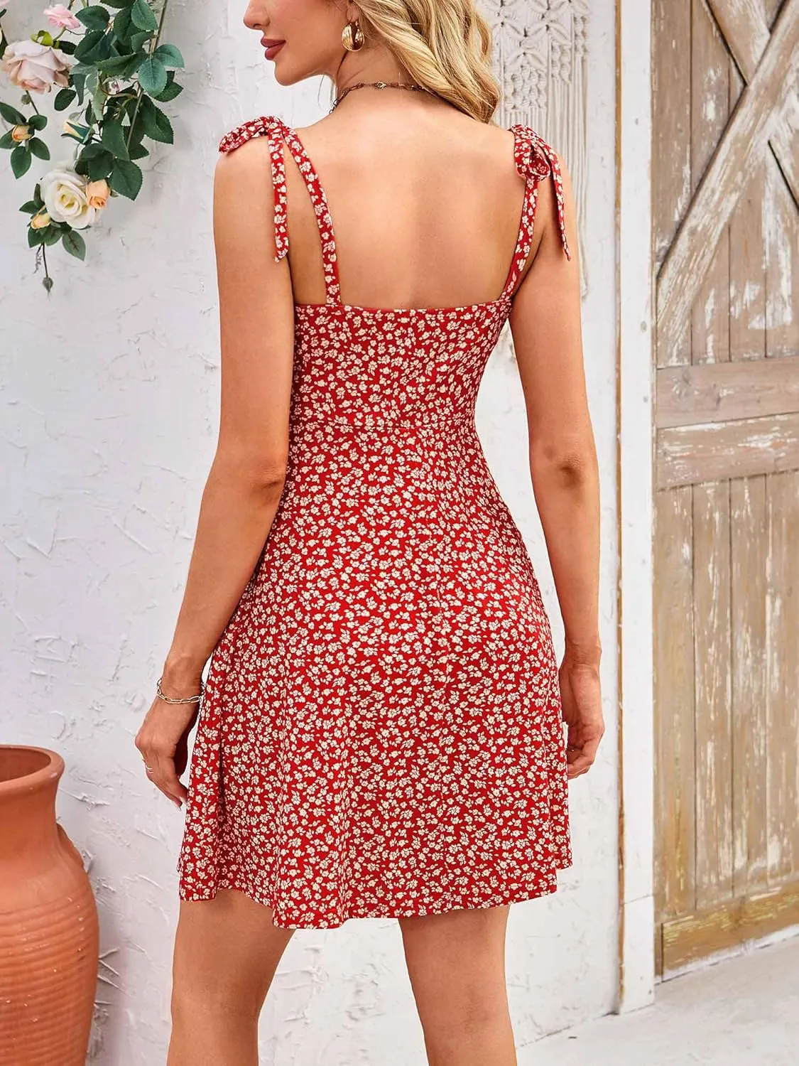 OURIN Women's Spring Sweetheart Neckline Tie Strap Summer Sundresses Sleeveless Mini Dress with Pockets