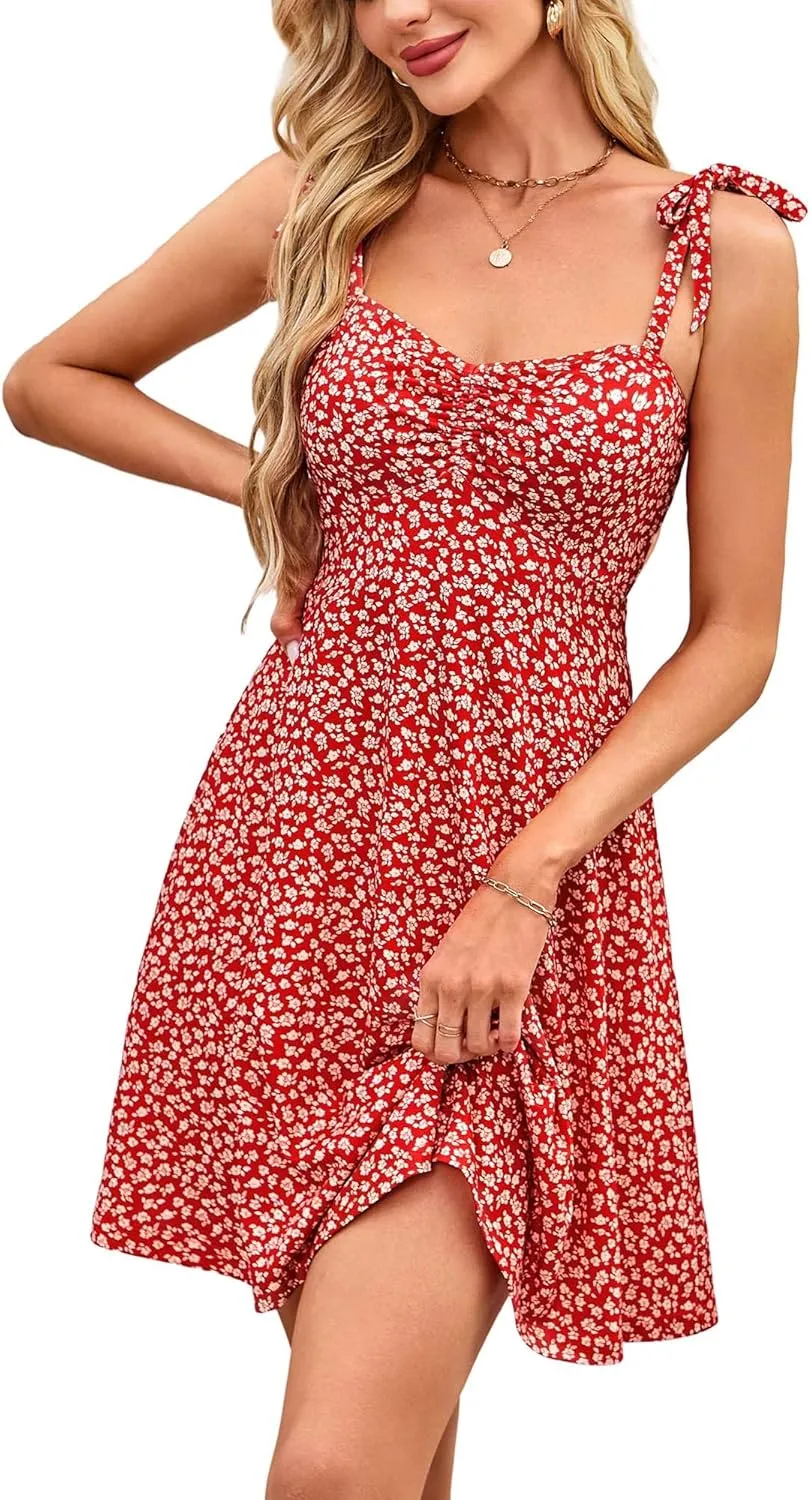 OURIN Women's Spring Sweetheart Neckline Tie Strap Summer Sundresses Sleeveless Mini Dress with Pockets