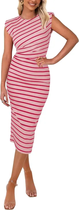 PRETTYGARDEN Women's Dresses 2025 Summer Casual Sleeveless Crewneck Slim Ruched Striped Knit Slit Midi Bodycon Dress