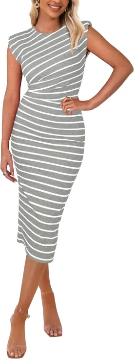 PRETTYGARDEN Women's Dresses 2025 Summer Casual Sleeveless Crewneck Slim Ruched Striped Knit Slit Midi Bodycon Dress