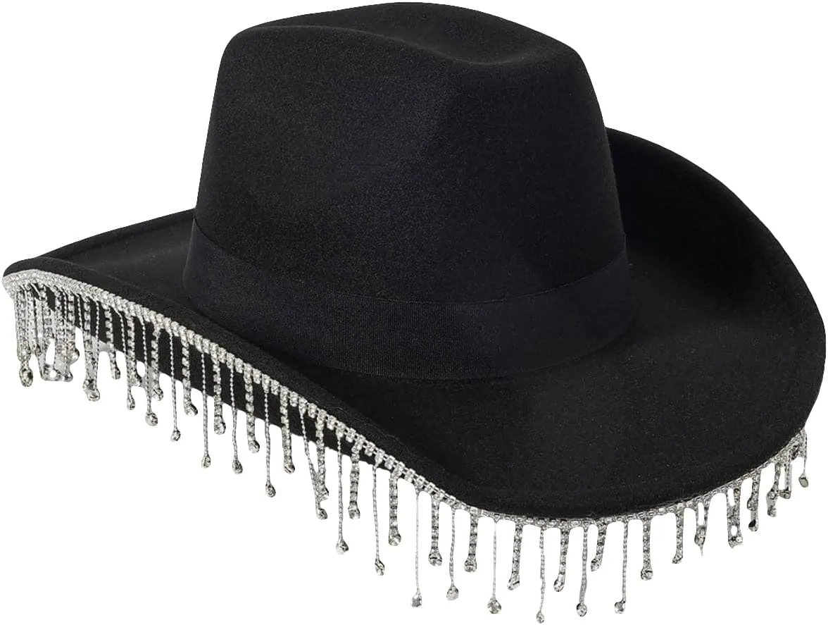 QWINEE Western Cowboy Hat Cowboy Hat with Rhinestone Tassel Decor Halloween Cow Fedora Hat Costume Accessories for Women Men