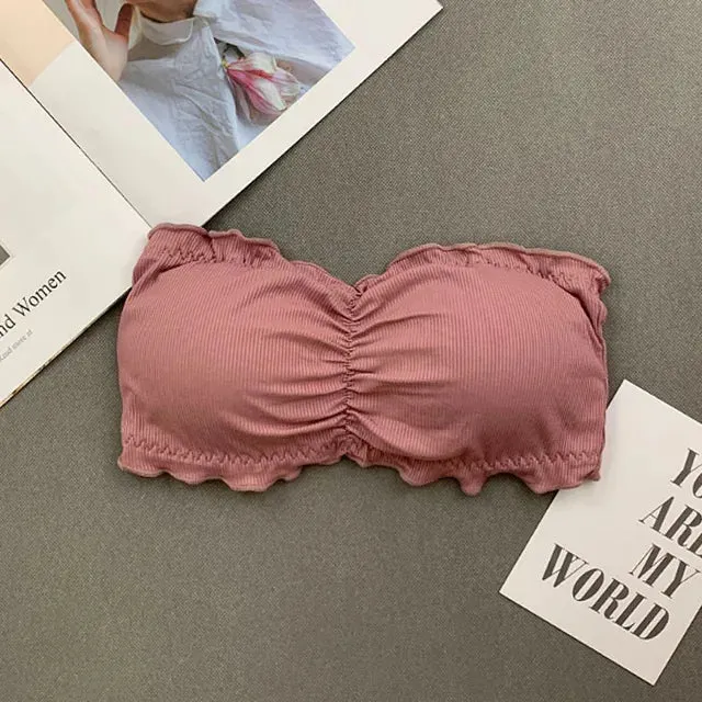 Ruffle Strapless Three Hook-and-eye Cotton Bra