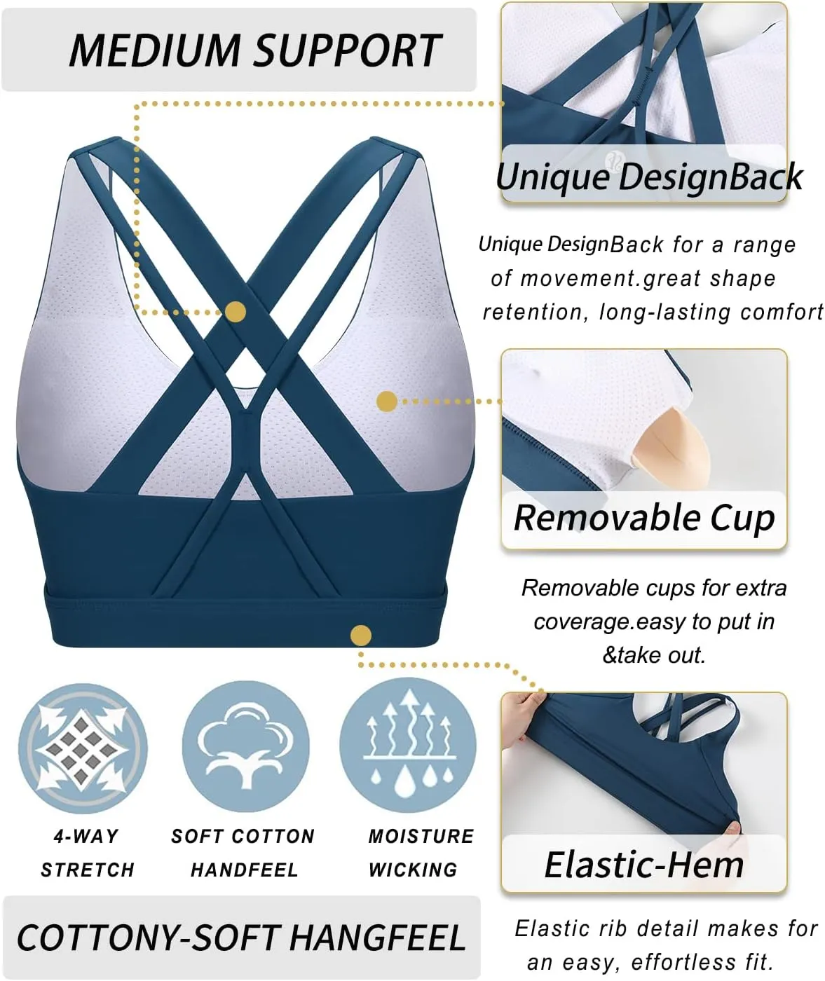 RUNNING GIRL Sports Bra for Women, Medium-High Support Criss-Cross Back Strappy Padded Sports Bras Supportive Workout Tops