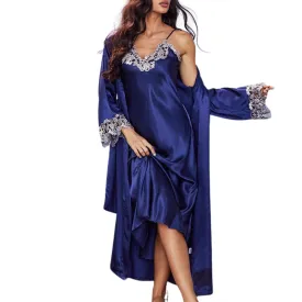 Satin Lace Long Nightgown with Robe Set