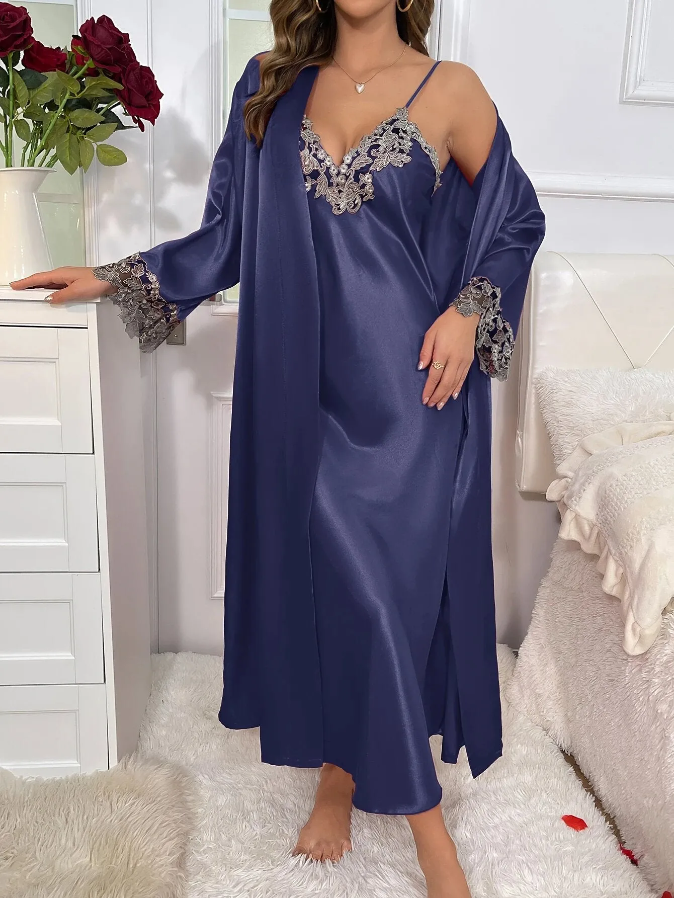 Satin Lace Long Nightgown with Robe Set
