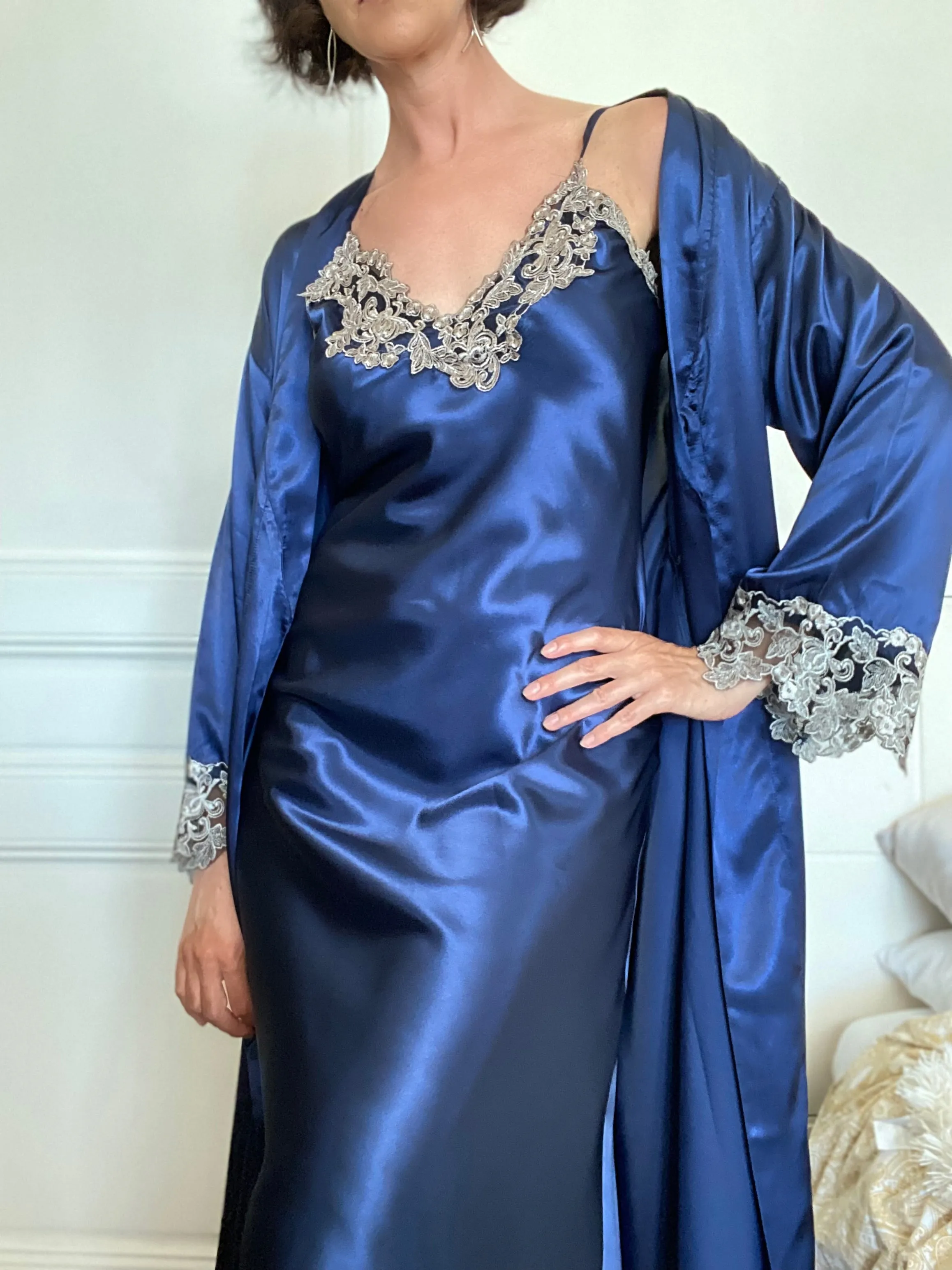 Satin Lace Long Nightgown with Robe Set