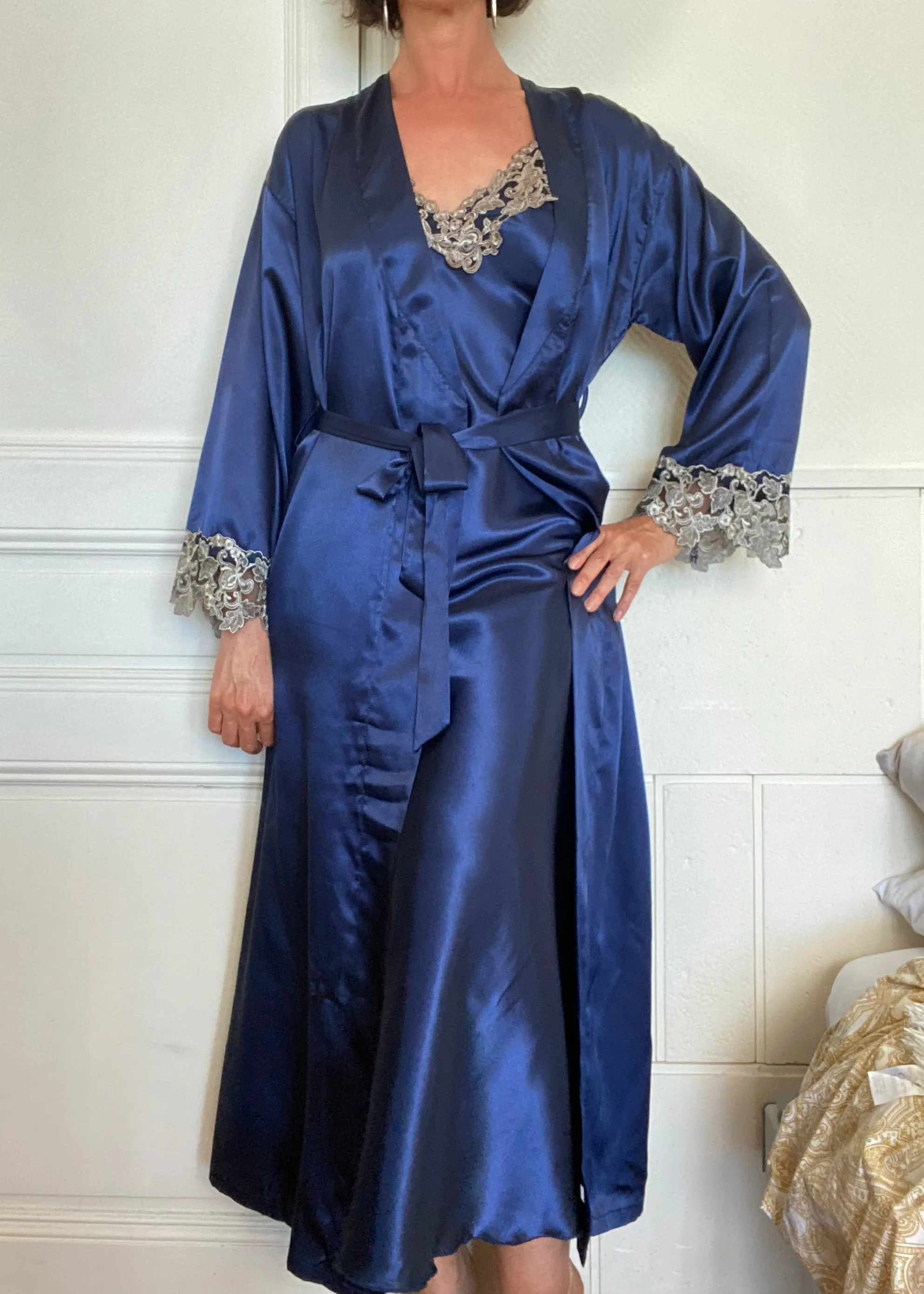 Satin Lace Long Nightgown with Robe Set