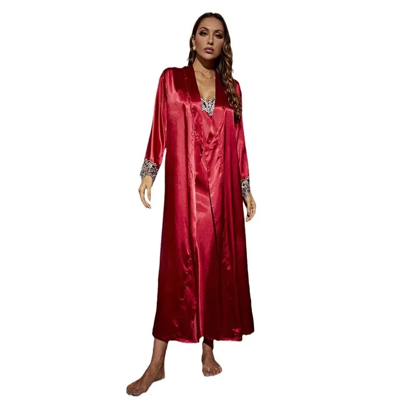 Satin Lace Long Nightgown with Robe Set
