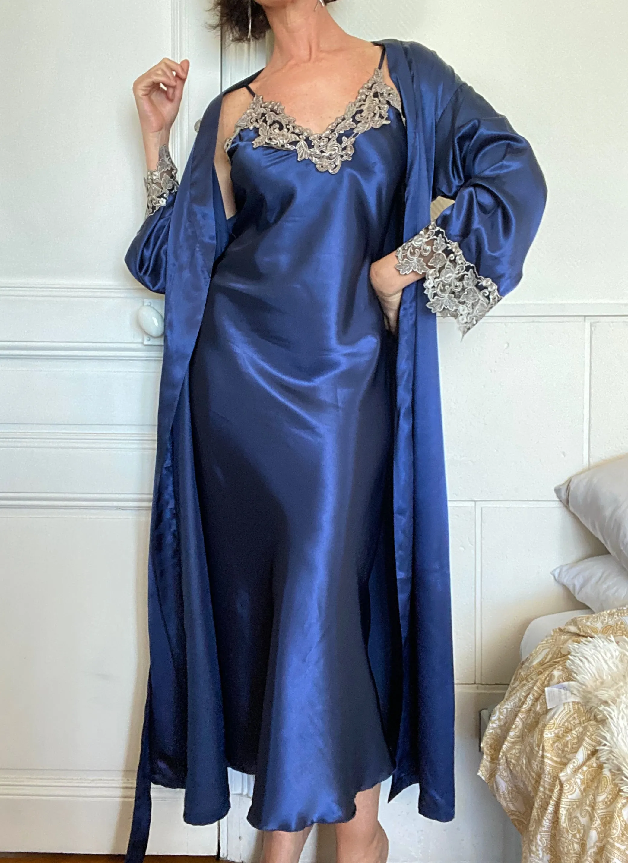 Satin Lace Long Nightgown with Robe Set
