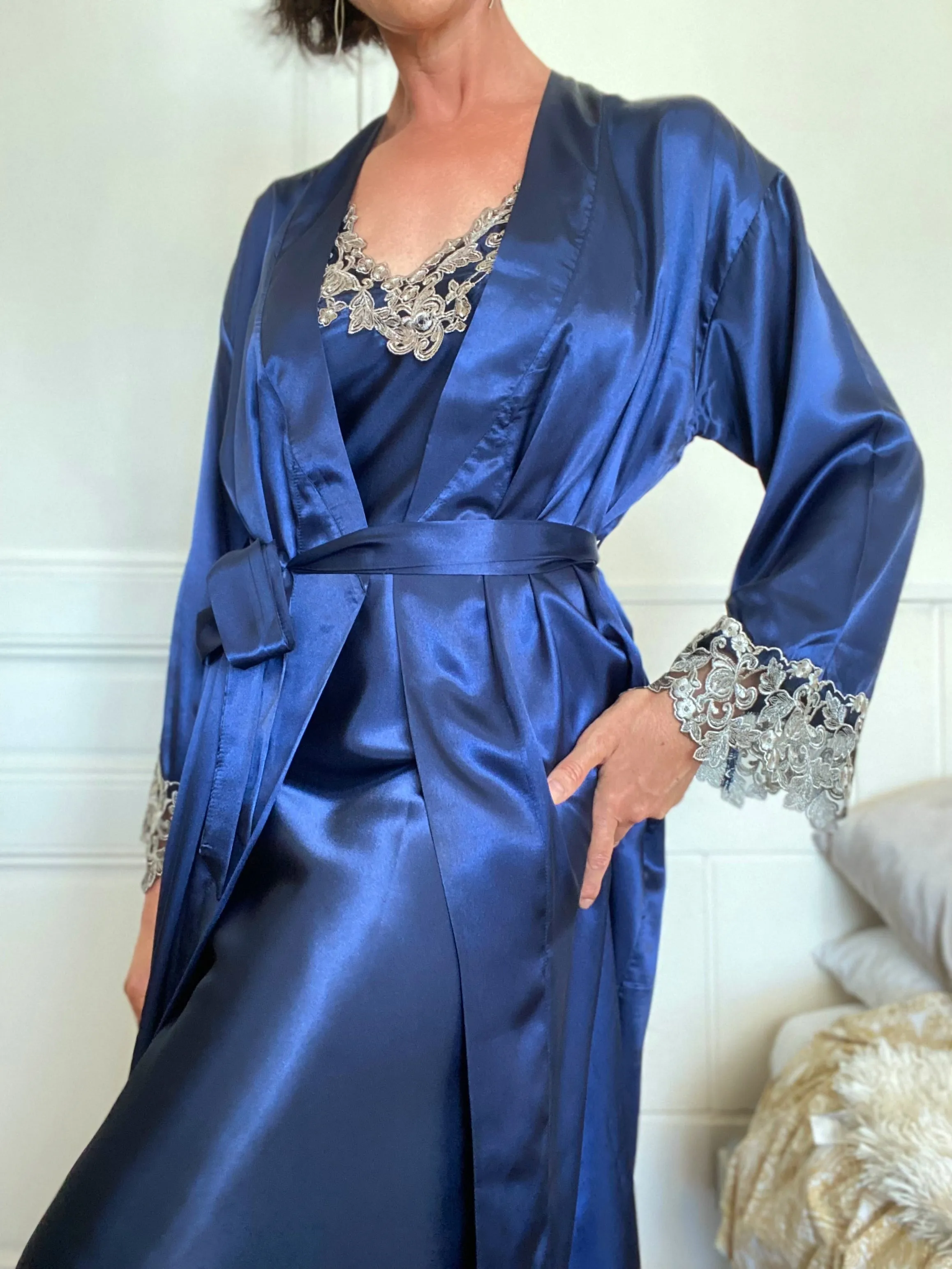 Satin Lace Long Nightgown with Robe Set