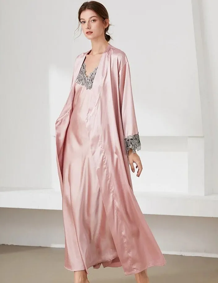 Satin Lace Long Nightgown with Robe Set