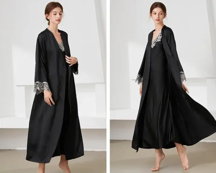Satin Lace Long Nightgown with Robe Set