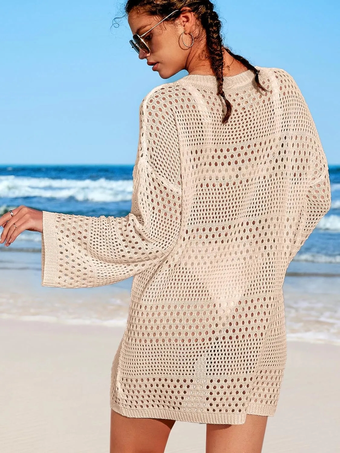 SOCIALA Swimsuit Cover up Women Drawstring Beach Dress Long Sleeves Crochet Tops Swim Bikini Bathing Suit Coverups Swimwear