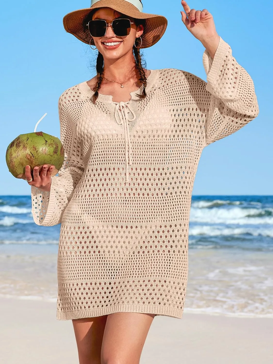 SOCIALA Swimsuit Cover up Women Drawstring Beach Dress Long Sleeves Crochet Tops Swim Bikini Bathing Suit Coverups Swimwear