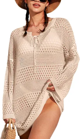 SOCIALA Swimsuit Cover up Women Drawstring Beach Dress Long Sleeves Crochet Tops Swim Bikini Bathing Suit Coverups Swimwear