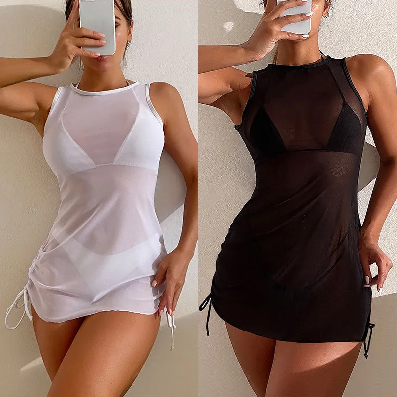 Solid Color Mesh Sexy Bikini Drawstring One-Piece Swimsuit
