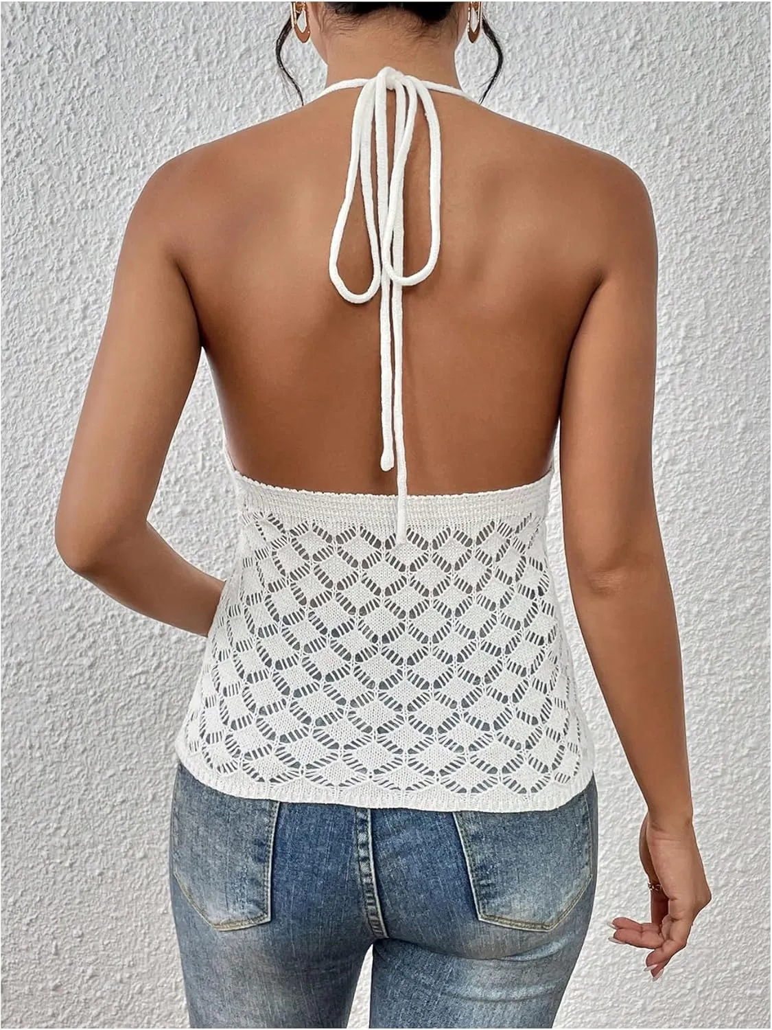 SOLY HUX Women's Crochet Tie Front Halter Neck Crop Camisole Top Swimsuit Cover Up Beachwear