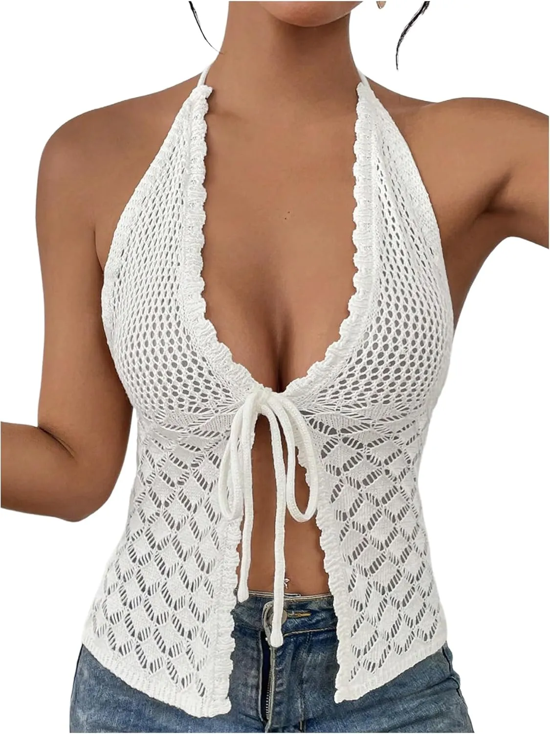 SOLY HUX Women's Crochet Tie Front Halter Neck Crop Camisole Top Swimsuit Cover Up Beachwear